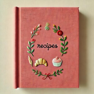 May include: A pink fabric-covered notebook with the word "recipes" embroidered in black. The cover is decorated with a wreath of green leaves and flowers, including a red flower, a yellow flower, and a pink cupcake.