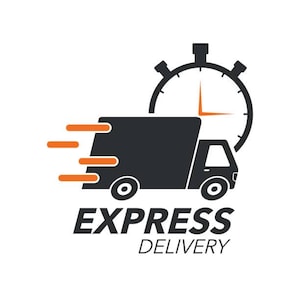 Può includere: Un camion di consegna nero con linee di velocità arancioni, un cronometro e le parole "EXPRESS DELIVERY" in grassetto, in nero. L'immagine è su sfondo bianco, che trasmette velocità ed efficienza.