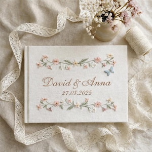 Custom Embroidered Linen Wedding Guest Book, Personalized Memory Book, Valentines Gift