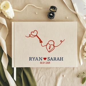 Custom Hand Embroidered Guest Book, Photo Album, Heart Arrow Design, Linen Wedding Guest Book, Memory Book, Handmade Fabric Notebook