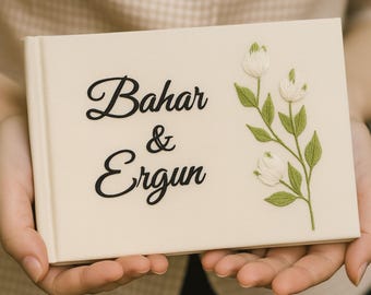 Libro de firmas de boda de lino bordado con nombre personalizado, elegante libro de recuerdos con paisaje, álbum de recortes de tapa dura, libro de firmas de recepción, libro de compromiso