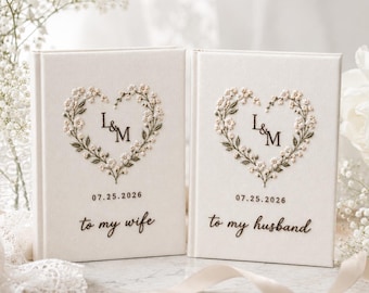 Personalized Wedding Vow Book, Hand Embroidered Linen Vows, Custom His and Hers Vow Book Set, Bride and Groom Keepsake