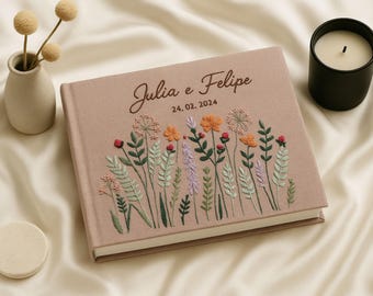 Personalisiertes handbesticktes Leinen-Notizbuch, Hardcover-Tagebuch mit Blumenstickerei, Leinen-Hochzeitsgästebuch, Geschenk für Schriftsteller