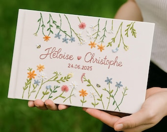 Hand Embroidered Wedding Guest Book,Personalized Floral Guestbook,Custom Linen Memory Book,Unique Handmade Wedding Gift