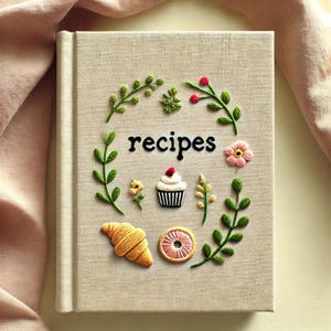 May include: A beige linen-covered recipe book with the word "recipes" embroidered in black thread. The cover is decorated with embroidered flowers, leaves, a cupcake, a croissant, and a citrus fruit.