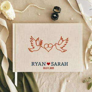 Custom Hand Embroidered Guest Book, Photo Album, Heart Arrow Design, Linen Wedding Guest Book, Memory Book, Handmade Fabric Notebook