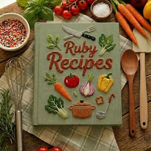 May include: A green cookbook titled "Ruby Recipes" with embroidered vegetables and kitchen tools. The cover features a tomato, carrot, onion, and a yellow bell pepper. A whisk, wooden spoon, and spatula are also visible.