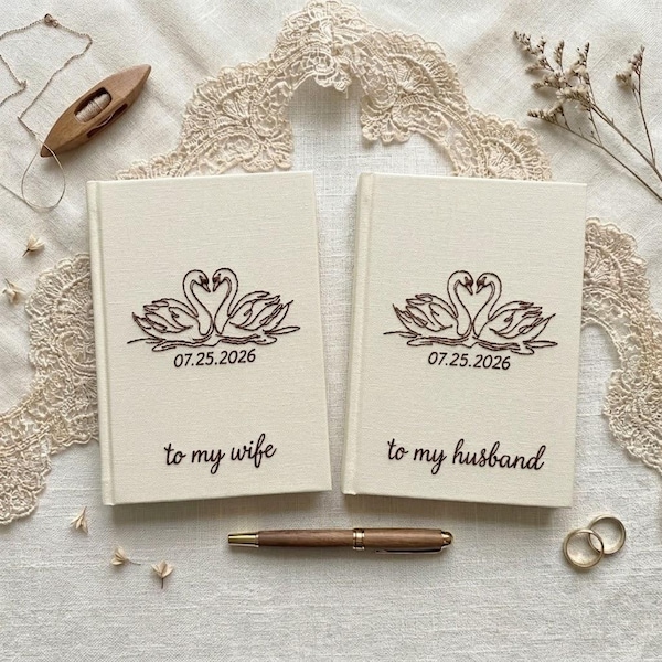 Personalized Hand Embroidered Vow Book A6 size, Wedding Doves and Lockets Hand Embroidered Notebook, Fabric Hard cover, Handmade Notebook