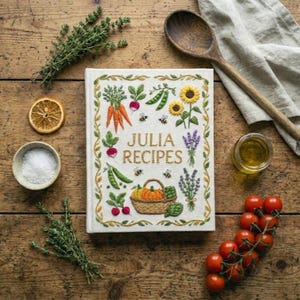 Puede incluir: Un libro de cocina titulado "Julia Recipes" con ilustraciones bordadas de verduras y flores. La imagen incluye una cuchara de madera, tomillo, sal, tomates y un pequeño tarro de aceite, todo dispuesto sobre una superficie de madera.
