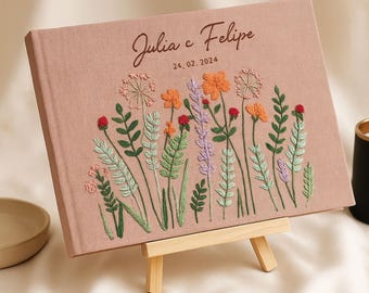 Personalisiertes handbesticktes Leinen-Notizbuch, Hardcover-Tagebuch mit Blumenstickerei, Leinen-Hochzeitsgästebuch, Geschenk für Schriftsteller