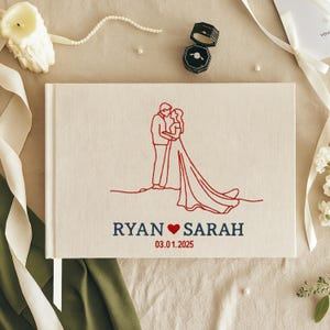 Custom Hand Embroidered Guest Book, Photo Album, Heart Arrow Design, Linen Wedding Guest Book, Memory Book, Handmade Fabric Notebook