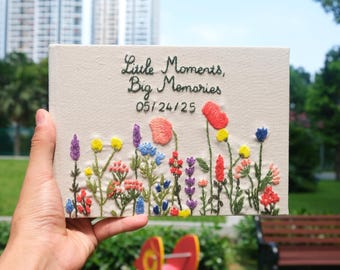 Libro de firmas de boda bordado a mano, libro de firmas floral personalizado, libro de recuerdos de lino personalizado, regalo de boda único hecho a mano.