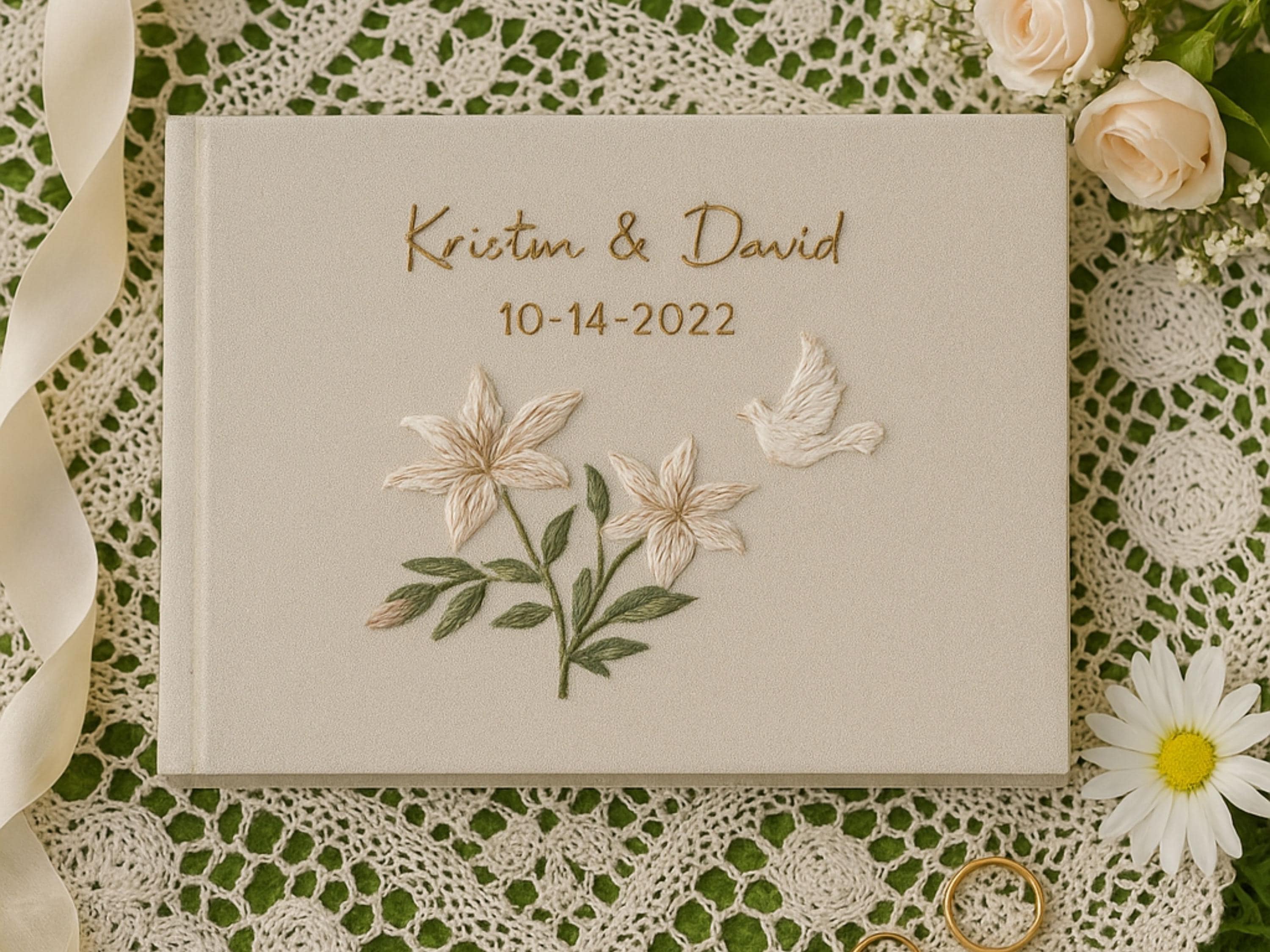 Hand Embroidered Wedding Guest Book,Personalized Floral Guestbook,Custom Linen Memory Book,Unique Handmade Wedding Gift