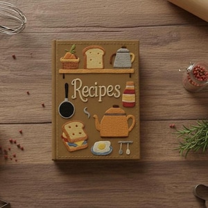 May include: A brown recipe book with the word "Recipes" on the cover. The cover features embroidered images of food items like bread, a teapot, and a frying pan. The book is on a wooden surface.