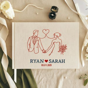 Custom Hand Embroidered Guest Book, Photo Album, Heart Arrow Design, Linen Wedding Guest Book, Memory Book, Handmade Fabric Notebook