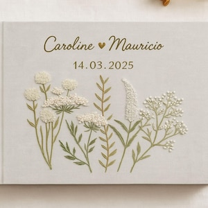 Embroidered Wedding Guest Book Personalized| Custom Linen Guestbook with Photo| A5 A4 Wedding Memory Book Keepsake Album,Embroidered Flowers