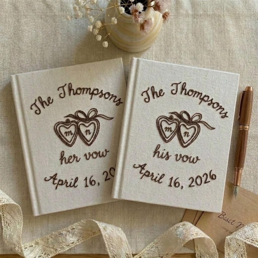 Personalized Hand Embroidered Vow Book A6 size, Wedding Doves and Lockets Hand Embroidered Notebook, Fabric Hard cover, Handmade Notebook