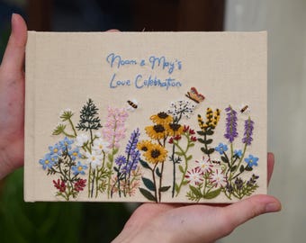Hand Embroidered Wedding Guest Book,Personalized Floral Guestbook,Custom Linen Memory Book,Unique Handmade Wedding Gift