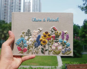 Libro de firmas de boda bordado a mano, libro de firmas floral personalizado, libro de recuerdos de lino personalizado, regalo de boda único hecho a mano.