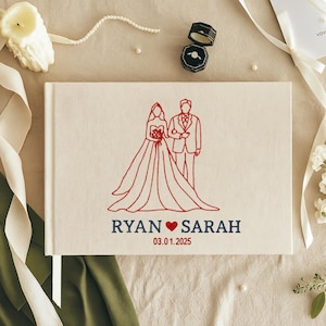 Custom Hand Embroidered Guest Book, Photo Album, Heart Arrow Design, Linen Wedding Guest Book, Memory Book, Handmade Fabric Notebook