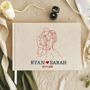 Custom Hand Embroidered Guest Book, Photo Album, Heart Arrow Design, Linen Wedding Guest Book, Memory Book, Handmade Fabric Notebook