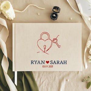 Custom Hand Embroidered Guest Book, Photo Album, Heart Arrow Design, Linen Wedding Guest Book, Memory Book, Handmade Fabric Notebook