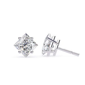 Moissanite Stud Earrings | 925 Sterling Silver | Princess Cut | White Gold Plated | Screw back Earrings for Women & Men | Anniversary Gift