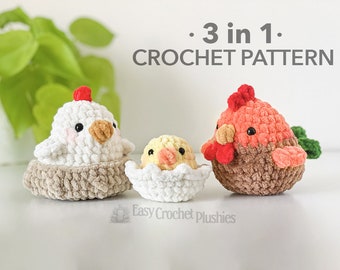 Modèle au crochet sans couture, poule et poussin, amigurumi sans couture, modèle de peluche au crochet - PATRON PDF 3 en 1