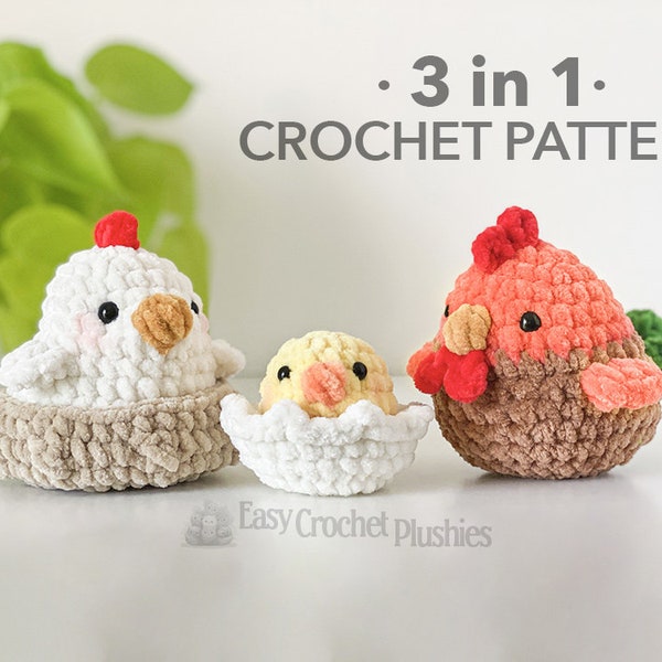 No Sew Roaster, Hen and Chick Crochet Pattern, No Sew Amigurumi, Crochet Plushie Pattern - 3 in 1 PDF PATTERN