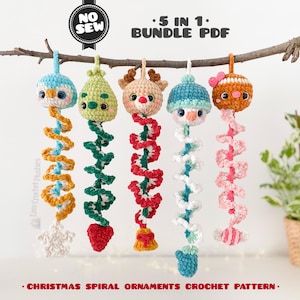 May include: Five crochet spiral ornaments hanging from a branch, featuring a penguin, tree, reindeer, snowman, and gingerbread person. Text reads NO SEW 5 IN 1 BUNDLE PDF and CHRISTMAS SPIRAL ORNAMENTS CROCHET PATTERN. Each plush has a unique spiral tail.