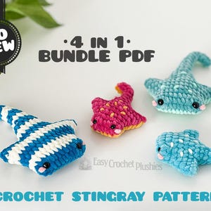 May include: Four crocheted stingray plushies in blue and white stripes, solid pink with yellow spots, solid teal with white spots, and solid light blue with white spots. Text reads NO SEW 4 IN 1 BUNDLE PDF and CROCHET STINGRAY PATTERN.