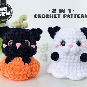 May include: Two crochet plushies: a black cat in an orange pumpkin and a white ghost. The cat has pink cheeks and gold eyes. The ghost has black accents and gold eyes. The text reads "NO SEW" and "2 IN 1 - CROCHET PATTERN".