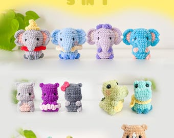 NO SEW Safari Amigurumi Bundle, 5 Animals Crochet Patterns: Crocodile Hippo Elephant Hamster Chameleon PDF