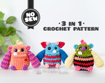 Patrón de amigurumi de monstruo de ganchillo sin costuras, paquete PDF 3 en 1