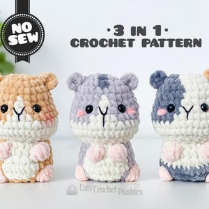 May include: Three crocheted hamster plushies in brown, grey, and white. Each has black eyes, pink cheeks, and small ears. The text "3 in 1 Crochet Pattern" is visible. Measurements are in cm.