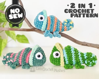 No Sew Chameleon Amigurumi Crochet Pattern PDF – Easy Fast Chenille Plushie 2-in-1