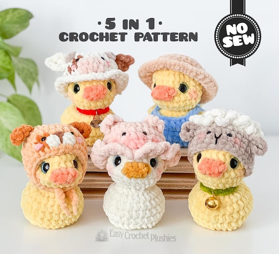 Crochet Rubber Duck Amigurumi Pattern, No Sew 5-in-1 Animal Bundle PDF, Interchangeable Farm Hats