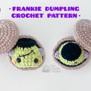 May include: A crochet pattern titled Frankie Dumpling Crochet Pattern with a No Sew badge. The image displays two light brown crocheted acorn-shaped containers, one open to reveal a green monster figure with black hair and stitches.