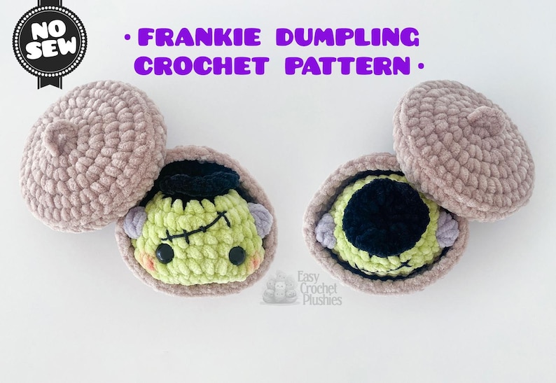May include: A crochet pattern titled Frankie Dumpling Crochet Pattern with a No Sew badge. The image displays two light brown crocheted acorn-shaped containers, one open to reveal a green monster figure with black hair and stitches.