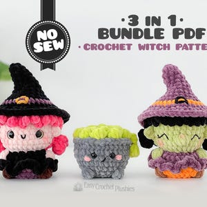 Puede incluir: Tres peluches de ganchillo que incluyen dos brujas y un caldero con el texto 3 IN 1 BUNDLE PDF NO SEW CROCHET WITCH PATTERN. La bruja de la izquierda tiene pelo rosa y sombrero negro, el centro es un caldero gris y la bruja de la derecha tiene pelo negro y sombrero morado.
