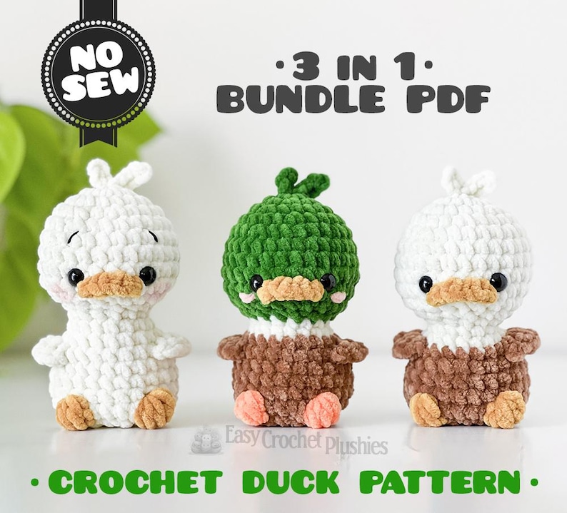 Modèle de canard au crochet, peluche amigurumi sans couture, lot de 3 fichiers PDF image 1
