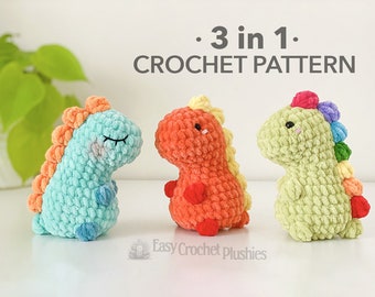 Modèle au crochet dinosaure sans couture, Amigurumi sans couture, modèle de peluche au crochet - PATRON PDF 3 en 1