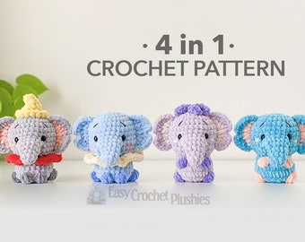 Modèle au crochet éléphant sans couture, Amigurumi sans couture, modèle de peluche au crochet - PATRON PDF 4 en 1