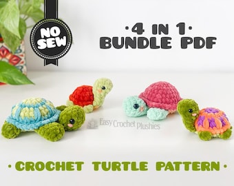 Crochet Turtle Pattern, No Sew Amigurumi Plushie, 4 in 1 Bundle PDF