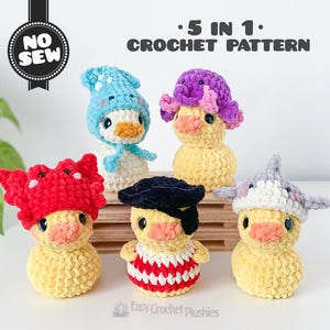 May include: Five crocheted duck plushies, each with a unique hat: a blue winter hat, a purple octopus hat, a red crab hat, a pirate hat, and a shark hat. The ducks are yellow with orange beaks and are displayed on a wooden stand. The text "NO SEW" and "5 IN 1 CROCHET PATTERN" are visible.