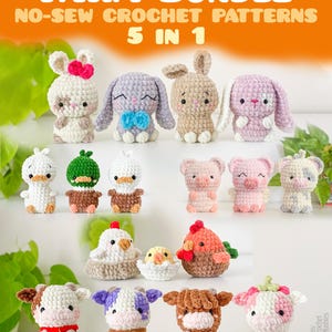 Può includere: Una collezione di modelli all'uncinetto senza cuciture di animali della fattoria. L'immagine presenta vari animali all'uncinetto, tra cui conigli, anatre, maiali, polli e mucche. Il testo "FARM BUNDLE" e "5 IN 1" è visualizzato in alto. Gli animali all'uncinetto sono di vari colori.