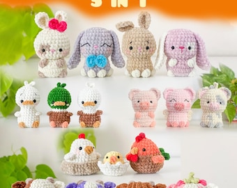 NO SEW Farm Amigurumi Bundle, 5 Animals Crochet Patterns: Cow Pig Duck Chicken Bunny PDF