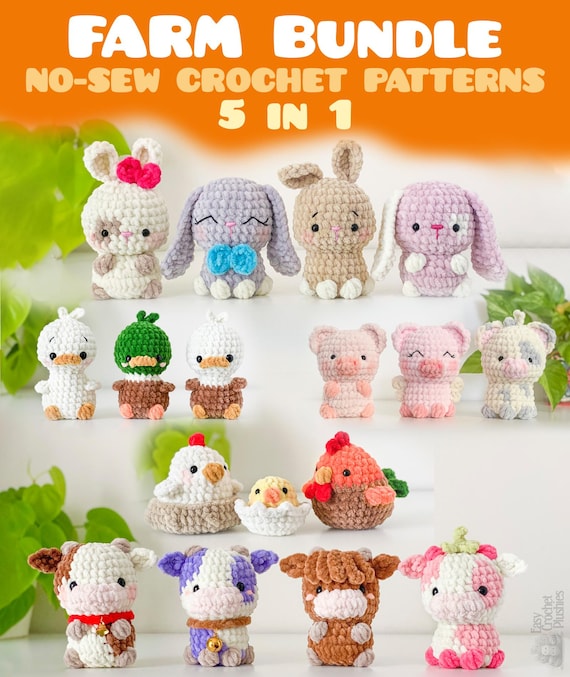 NO SEW Farm Amigurumi Bundle, 5 Animals Crochet Patterns: Cow Pig Duck Chicken Bunny PDF
