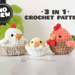 No Sew Hen, Chick & Roaster Crochet Pattern Easy Fast Amigurumi Plushie 3-in-1 PDF Bundle