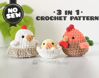 No Sew Hen, Chick & Roaster Crochet Pattern Easy Fast Amigurumi Plushie 3-in-1 PDF Bundle